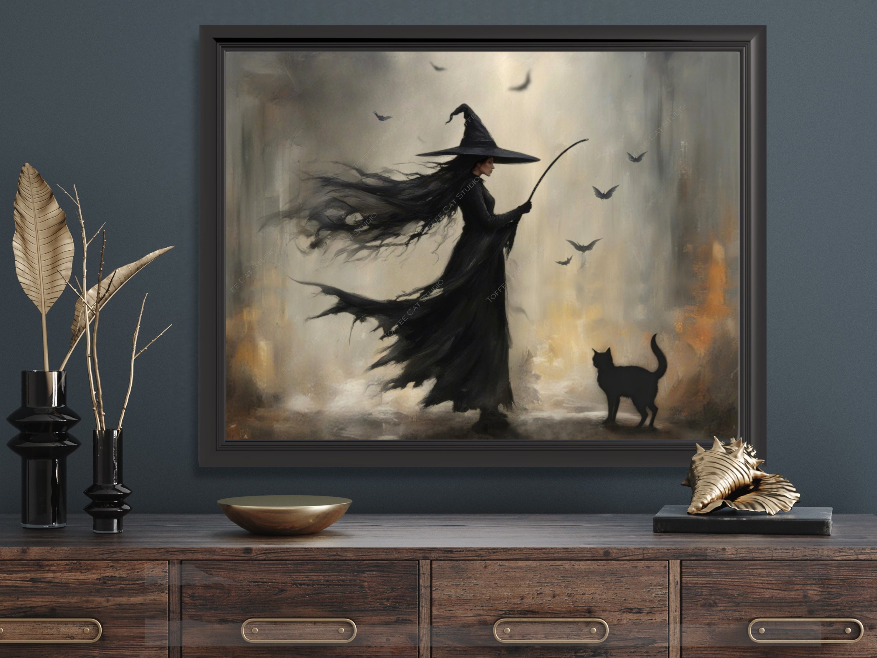 Halloween Witch and Black Cat Printable | Vintage Witch Art Print ...