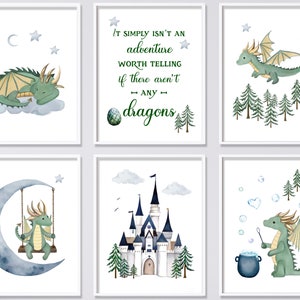 Set of 6 Watercolor Dragon Nursery Wall Art Prints Printables Green and ...