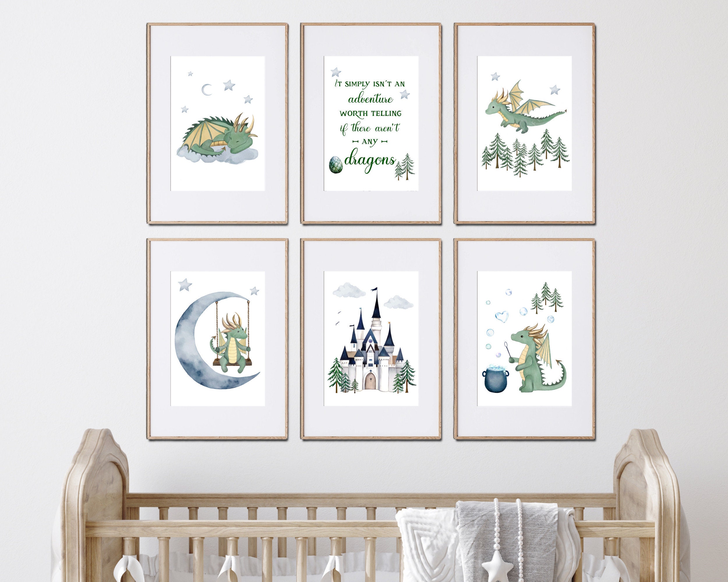 Set of 6 Watercolor Dragon Nursery Wall Art Prints Printables Green and ...