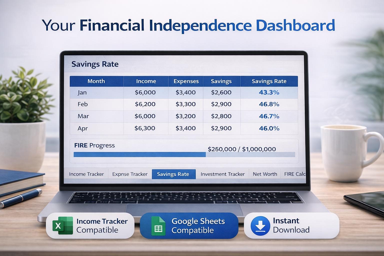 FIRE Tracker Spreadsheet | Financial Independence Dashboard | Net Worth ...