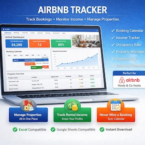 Può includere: Un laptop mostra una dashboard di Airbnb con funzioni di prenotazione, reddito e gestione della proprietà. Lo schermo mostra un calendario delle prenotazioni, un rilevatore di reddito e il tasso di occupazione. Compatibile con Excel e Google Sheets.