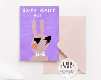 Cool Bunny Easter Card Printable, Violet Background, Happy Easter Y'all, Foldable Card, Instant Download