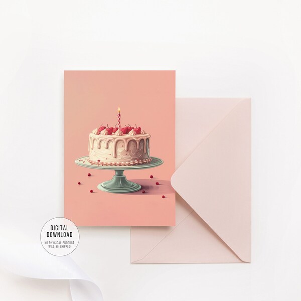 Retro Birthday Card, Pastel Pink Birthday Cake, Foldable Card, 5x7, Print at Home, Minimalist Greeting Notecard, Digital Download