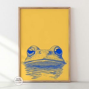 Minimalist Frog Print, Yellow and Blue Wall Art, Dopamine Decor, Animal Pop Art Poster, Trendy House Artwork, Large Wall Decor, Printable, airbnb art print, funky art, artzenica, relaxing calming artwork, men apartment wall decor.