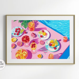 Impreza koktajlowa przy basenie, plakat z letnimi napojami, sztuka ścienna wózka barowego, dekoracja pokoju Coquette, modna ilustracja, dzieło sztuki Beach House