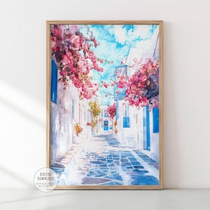 Impresión de callejón de Mykonos, póster de acuarela de Grecia, arte mural turístico de Mykonos, decoración de casa de playa, pintura mediterránea, regalo de recuerdo de Grecia