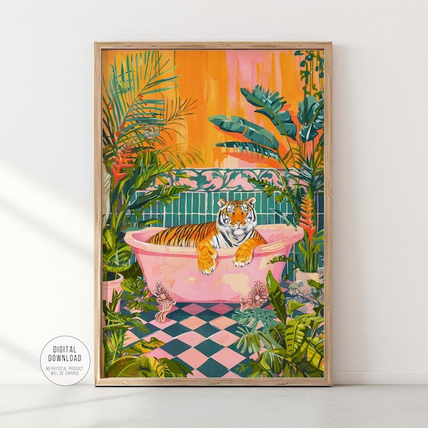 Tiger in the Bathtub, Maximalist Art Print, Eclectic Wall Art for Coquette Room Decor, Feminist Colorful Poster, Girly Unique Gift