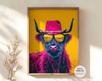May include: A framed digital art print featuring a stylized Highland cow wearing a pink cowboy hat and yellow sunglasses. The cow has vibrant pink, blue, and black fur against a yellow background. The print is in a wooden frame.