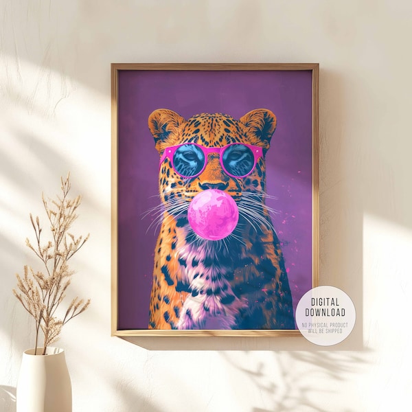Luipaard kauwgom print, leuk dierenvriend cadeau, preppy decor slaapzaal, trendy maximalistische poster, dopamine muurkunst grillig uniek cadeau