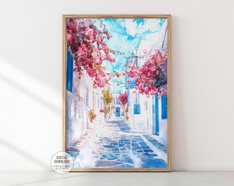 Mykonos Alley Watercolor Print, Greece Travel Art (Digital Download)