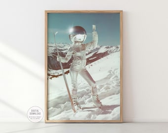 Retro discokulahuvudtryck, funky cocktail på Ski Lodge, eklektiskt 70-talskonstfoto, lyxig spegelkulaväggkonst, vintage barvagnsaffisch
