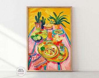 Mexicaans feest met taco's en tequila, levendige keukendecoratie en muurkunst voor de eetkamer, maximalistisch kleurrijk schilderij, digitale download