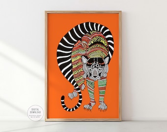 Indian Tiger Print, Tribal Gond Art Poster (Digital Download)