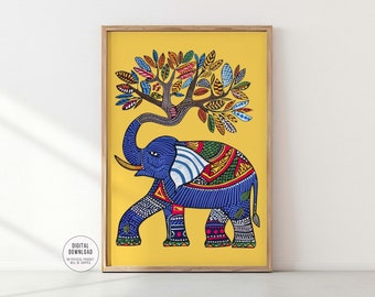 Indian Elephant Print, Tribal Gond Art, Living Room Wall Decor, Vibrant Cultural Painting, Desi Art, Modern Indian Folk Art Poster