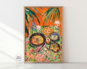 Thai Dinner Print, Vibrant Kitchen Decor and Dining Room Wall Art, Maximalist Colorful Painting, Asian Cuisine Poster, Digital Download