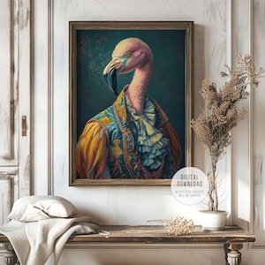 Flamingo Vintage Portrait, Renaissance Bird Painting, Animal Head Human Body, Altered Art Print, Quirky Animal Wall Art