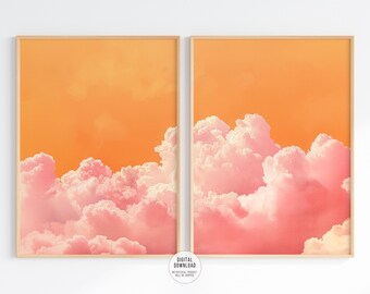 Pink Cloud in Orange Sky Set of 2 Painting, Minimalist Wall Art, Relaxing Over the Bed Decor, Japandi Art Print, Nursery Poster