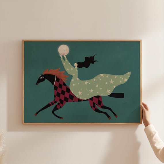 Whimsical Celestial Art Print: Woman on Horse Modern Folk Ilustration (Digital Download)