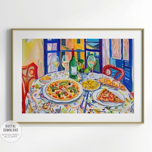 Italian Feast with Pizza Pasta and Wine Print, Vibrant Kitchen or Dining Room Decor, Maximalist Colorful Painting, Mediterranean Wall Art, Henry Matisse inspired painting, mcm wall art, restaurant cafe art print, trendy kitchen poster, artzenica.