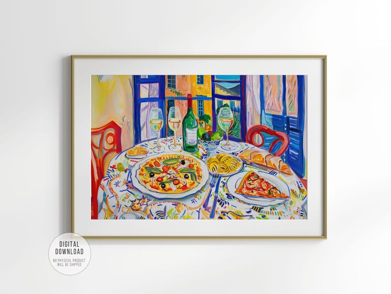 Italian Feast with Pizza Pasta and Wine Print, Vibrant Kitchen or Dining Room Decor, Maximalist Colorful Painting, Mediterranean Wall Art, Henry Matisse inspired painting, mcm wall art, restaurant cafe art print, trendy kitchen poster, artzenica.