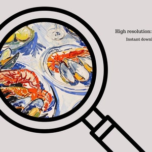 May include: A close-up of a painting depicting a still life of seafood. The painting features a white background with a blue and white plate filled with mussels and shrimp. The shrimp are orange and red, and the mussels are blue and white. The painting is done in a loose, impressionistic style.