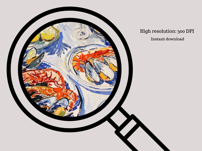 May include: A close-up of a painting depicting a still life of seafood. The painting features a white background with a blue and white plate filled with mussels and shrimp. The shrimp are orange and red, and the mussels are blue and white. The painting is done in a loose, impressionistic style.
