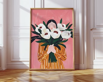牡丹の少女の肖像画プリント：抽象的な花柄の女性アート（デジタルダウンロード）