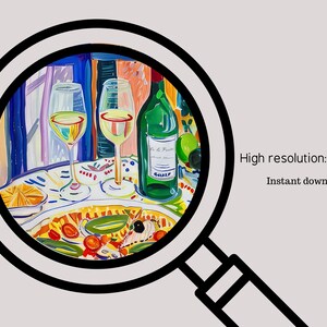 May include: A painting of a still life with two glasses of white wine, a bottle of wine, and a plate of food. The painting is done in a colorful, impressionistic style.
