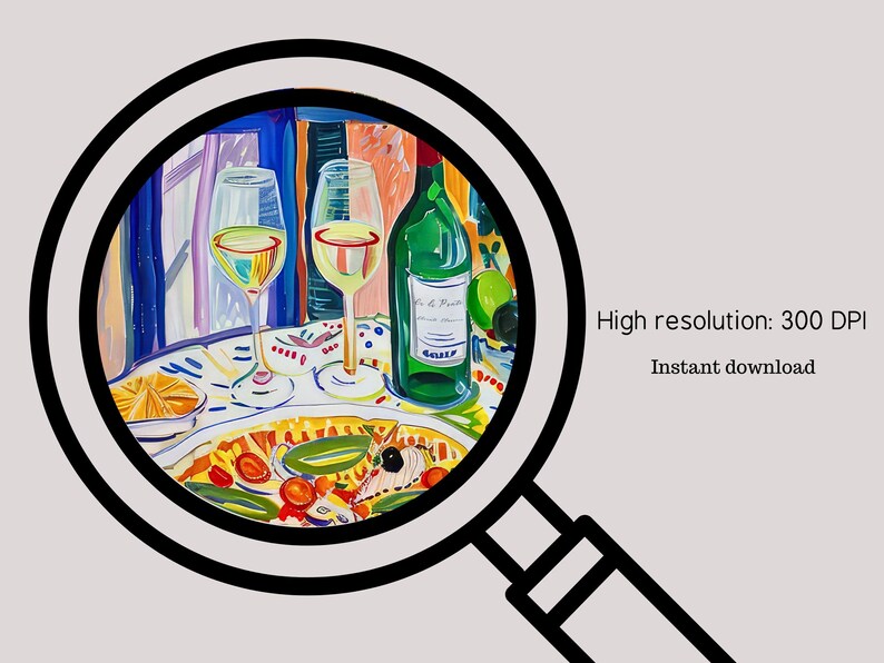 May include: A painting of a still life with two glasses of white wine, a bottle of wine, and a plate of food. The painting is done in a colorful, impressionistic style.