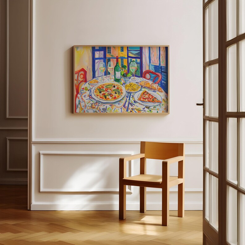 talian Feast with Pizza Pasta and Wine Print, Vibrant Kitchen or Dining Room Decor, Maximalist Colorful Painting, Mediterranean Wall Art, Henry Matisse inspired painting, mcm wall art, restaurant cafe art print, trendy kitchen poster, artzenica.