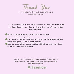 May include: A light pink background with text in a handwritten style. The text says "Thank You" and provides instructions for downloading a PDF file after purchase. It also recommends using matte or satin photo paper for best results.