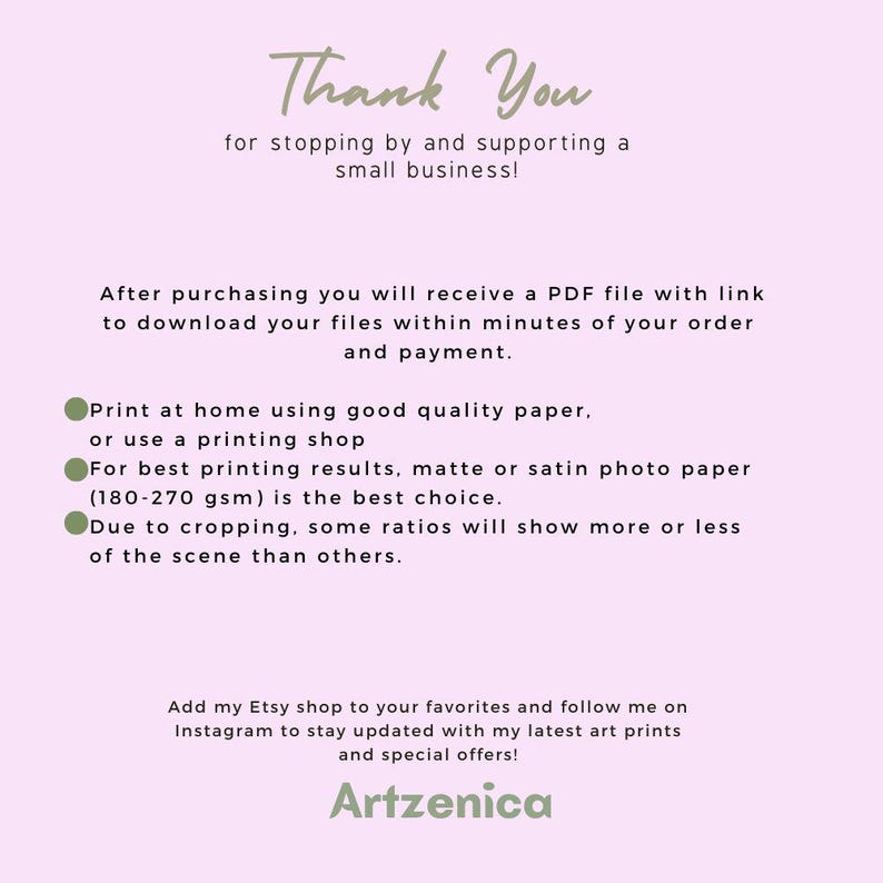 May include: A light pink background with text in a handwritten style. The text says "Thank You" and provides instructions for downloading a PDF file after purchase. It also recommends using matte or satin photo paper for best results.