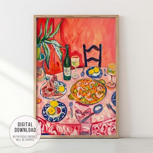 Spanish Feast with Paella Tapas and Wine, Food and Drink Inspired Kitchen Painting, Mediterranean Cuisine Poster, Maximalist Printable Art