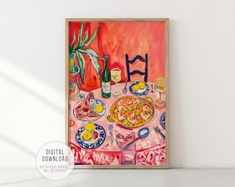 Spanish Feast with Paella Tapas and Wine, Food and Drink Inspired Kitchen Painting, Mediterranean Cuisine Poster, Maximalist Printable Art