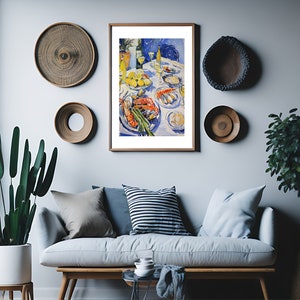 Seafood feast print, shellfish and wine painting, food and drink wall art, restaurant decor, matisse painting, kitchen and dining room decor, gallery wall set, maximalist art, digital download.