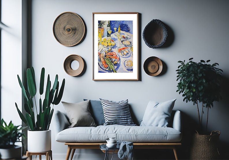 Seafood feast print, shellfish and wine painting, food and drink wall art, restaurant decor, matisse painting, kitchen and dining room decor, gallery wall set, maximalist art, digital download.
