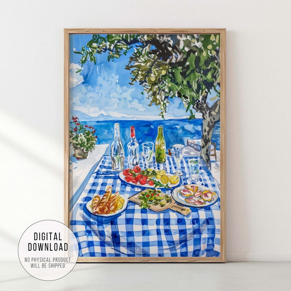 Greek Feast, Meze Lunch by the Sea, Maximalist Painting, Kitchen Art Print on Blue and White, Mediterranean Art Home Decor, Digital Download
