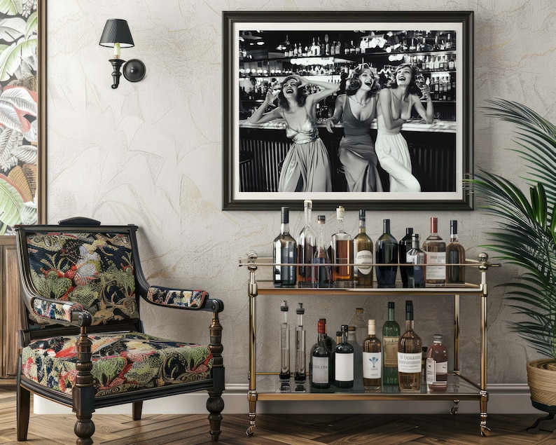 Girls night out print, women drinking at bar photo, alcohol print, feminist poster, club bar decor, bar cart decor, trendy artwork, black and white photography, luxury poster, 1970s aesthetic, old money aesthetic print, digital download.