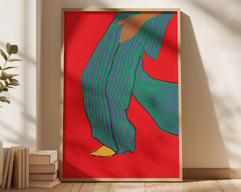 Red Fashion Illustration Print: Walking Woman in Stripes (Digital Download