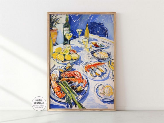 Seafood Feast Print, Shellfish and Wine Painting, Food and Drink Wall Art, Kitchen and Dining Room Decor, Vibrant Restaurant Poster