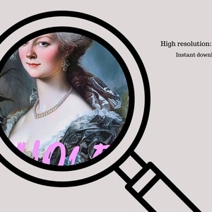May include: A portrait painting of a woman with a pearl necklace and a blue and white dress. The painting is framed in a black circle and is viewed through a magnifying glass.