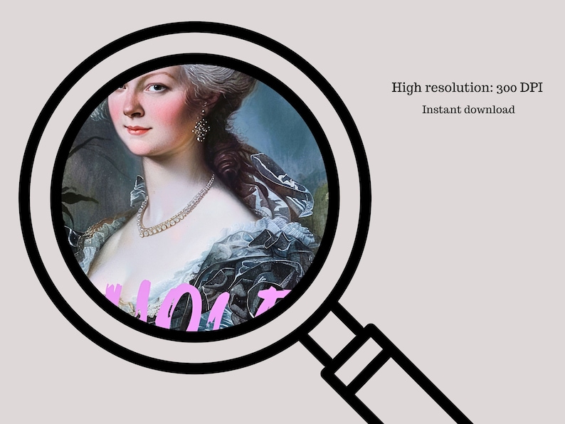 May include: A portrait painting of a woman with a pearl necklace and a blue and white dress. The painting is framed in a black circle and is viewed through a magnifying glass.