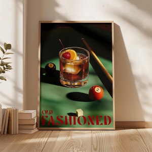 Old Fashioned Cocktail Print, sztuka ścienna z lat 70., plakat vintage do wózka barowego, wystrój mieszkania Y2K, wydruk alkoholowy, stare pieniądze, estetyczne zdjęcie