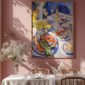 Seafood feast print, shellfish and wine painting, food and drink wall art, restaurant decor, matisse painting, kitchen and dining room decor, gallery wall set, maximalist art, digital download.