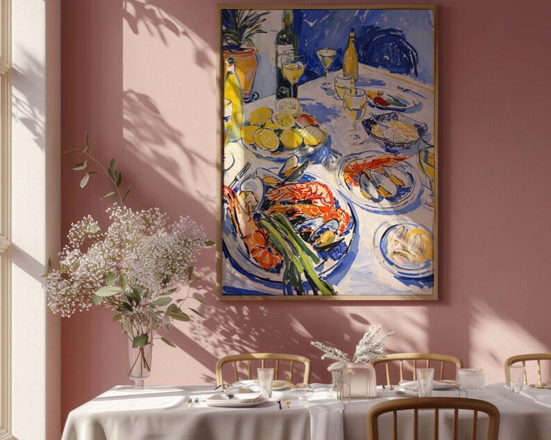 Seafood feast print, shellfish and wine painting, food and drink wall art, restaurant decor, matisse painting, kitchen and dining room decor, gallery wall set, maximalist art, digital download.