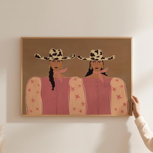 Konsttryck med två cowgirls, handritad väggkonst med västerländsk mode, rosa rodeo-dekor (digital nedladdning)