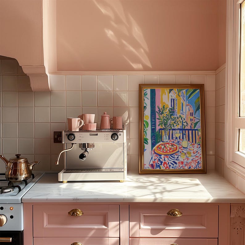 Neapolitan Pizza with Wine Print, Vibrant Kitchen Painting, Living Room Wall Art, Maximalist Art, Food Lover Gift, Eclectic Art Print, restaurant cafe wall art, artzenica print, italian food poster, pizza and wine art print, summer artwork,