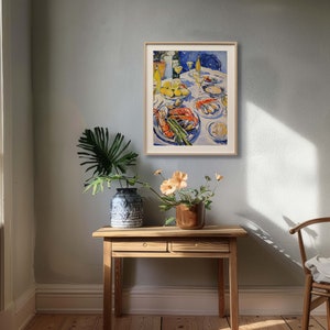 Seafood feast print, shellfish and wine painting, food and drink wall art, restaurant decor, matisse painting, kitchen and dining room decor, gallery wall set, maximalist art, digital download.