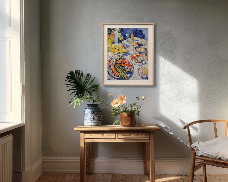 Seafood feast print, shellfish and wine painting, food and drink wall art, restaurant decor, matisse painting, kitchen and dining room decor, gallery wall set, maximalist art, digital download.