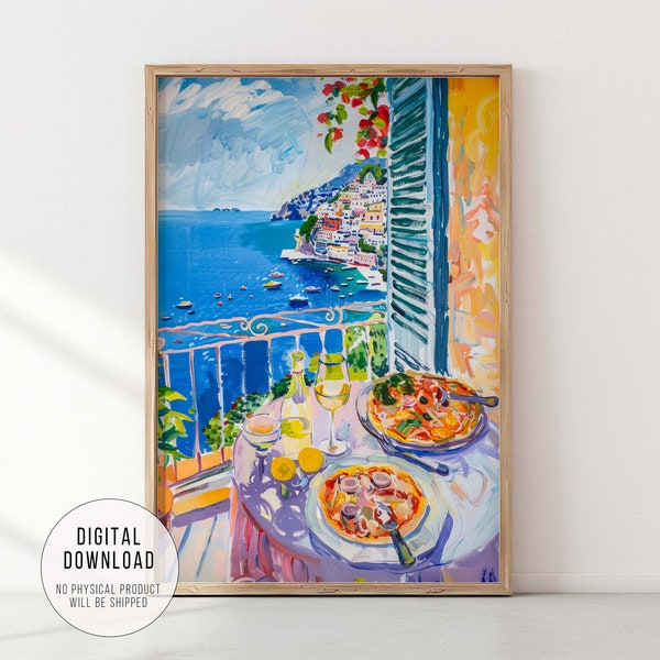 Italian Lunch with Pizza and Wine, Food and Drink Inspired Kitchen Painting, Mediterranean Cuisine Poster, Restaurant Wall Art Decor